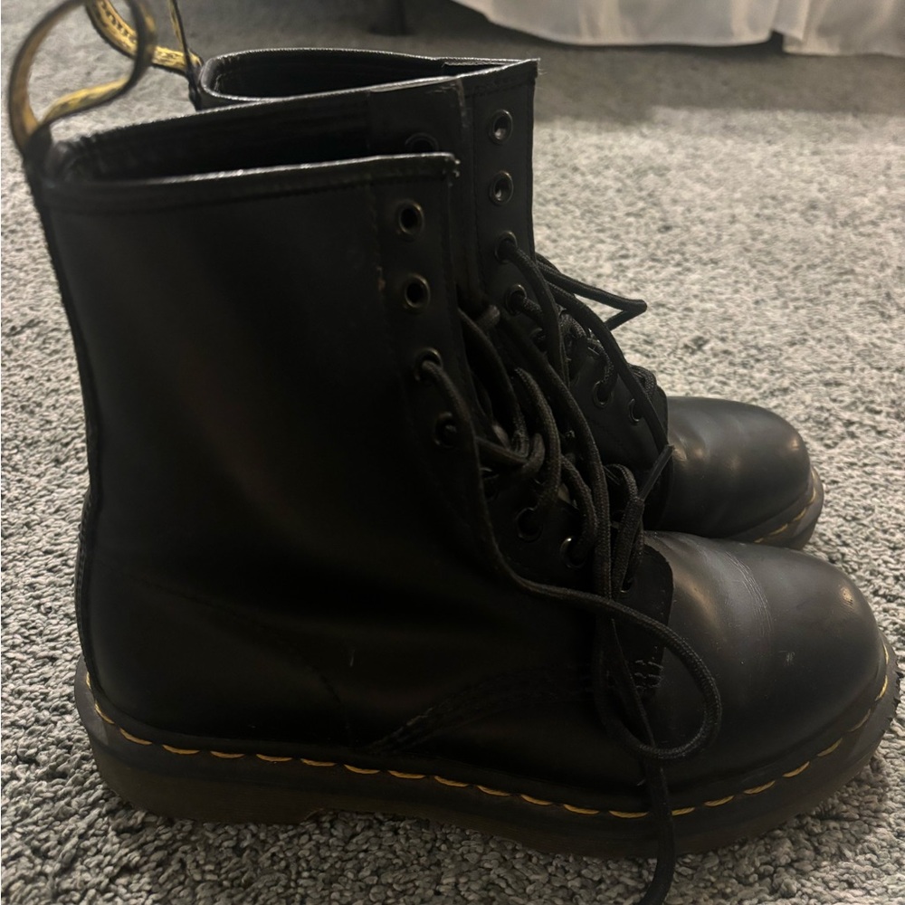 Dr. Martens Black Leather Lace-Up Boots with Yellow Stitching - Picture 3 of 4